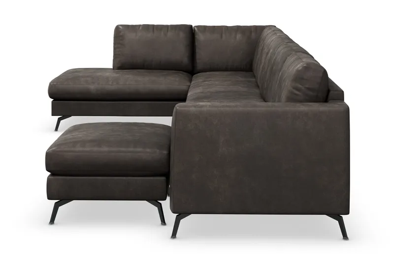 Ocean Lyx 6-seters Venstrevendt U-formet Sofa med Divan og Sjeselong + Fotskammel i Kunstlær - Mørk grå - Møbler - Sofaer - Skinnsofaer