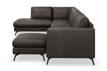 Ocean Lyx 6-seters Venstrevendt U-formet Sofa med Divan og Sjeselong + Fotskammel i Kunstlær - Mørk grå - Møbler - Sofaer - Skinnsofaer