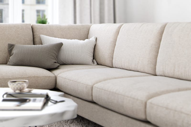 Ocean Lyx 6-seters Venstrevendt U-formet Sofa med Divan og Sjeselong + Fotskammel i Stoff - Beige - Møbler - Sofaer - Sofaer med sjeselong