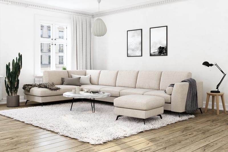 Ocean Lyx 6-seters Venstrevendt U-formet Sofa med Divan og Sjeselong + Fotskammel i Stoff - Beige - Møbler - Sofaer - Sofaer med sjeselong