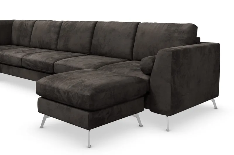 Ocean Lyx 6-seters Venstrevendt U-formet Sofa med Divan og Sjeselong + Fotskammel i Fløyel - Mørk grå - Møbler - Sofaer - Fløyelssofaer