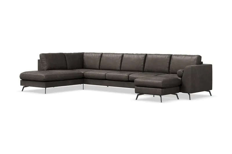 Ocean Lyx 6-seters Venstrevendt U-formet Sofa med Divan og Sjeselong + Fotskammel i Kunstlær - Mørk grå - Møbler - Sofaer - Skinnsofaer