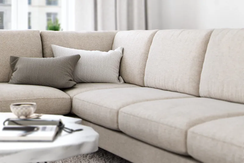 Ocean Lyx 6-seters Venstrevendt U-formet Sofa med Divan og Sjeselong + Fotskammel i Stoff - Beige - Møbler - Sofaer - Sofaer med sjeselong