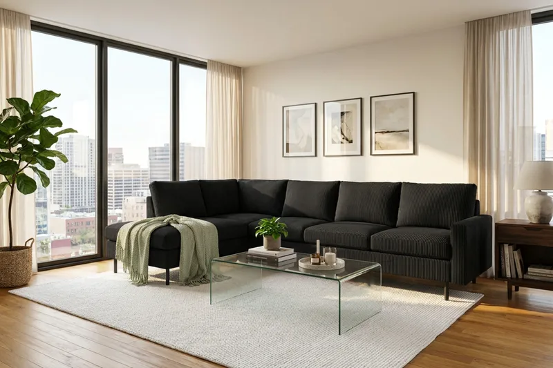 Peppe 4-seters Venstrevendt L-formet Sjeselongsofa i Manchester - Svart - Møbler - Sofaer - Sofaer med sjeselong - 4 seters sofa med divan