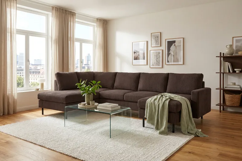 Peppe 4-seters Venstrevendt U-formet Sofa med Divan og Sjeselong i Manchester - Mørk brun - Møbler - Sofaer - Sofaer med sjeselong - 4 seters sofa med divan