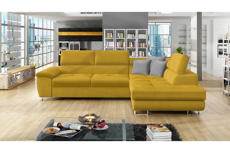 Reginia Sofa med Sjeselong 3-seter - Gul/Lys grå - Møbler - Sofaer - Fløyelssofaer