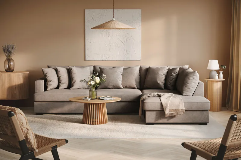 Rossita 4-seters høyrevendt, L-formet dyp sjeselongsofa i stoff - Brun - Møbler - Sofaer - Sofaer med sjeselong - 4 seters sofa med divan