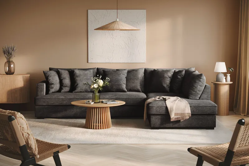 Rossita 4-seters Høyrevendt L-formet Dyp Sjeselongsofa i Chenille - Svart - Møbler - Sofaer - Sofaer med sjeselong - 4 seters sofa med divan