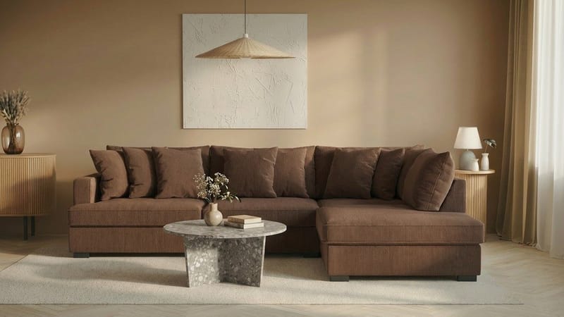 Rossita 4-seters Høyrevendt L-formet Dyp Sjeselongsofa i Kordfløyel - Brun - Møbler - Sofaer - Sofaer med sjeselong - 4 seters sofa med divan