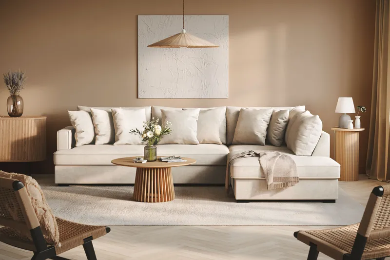 Rossita 4-seters Høyrevendt L-formet Dyp Sjeselongsofa i Stoff - Beige - Møbler - Sofaer - Sofaer med sjeselong - 4 seters sofa med divan