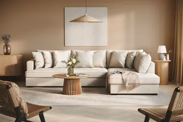 Rossita 4-seters Høyrevendt L-formet Dyp Sjeselongsofa i Stoff - Beige - Møbler - Sofaer - Sofaer med sjeselong - 4 seters sofa med divan