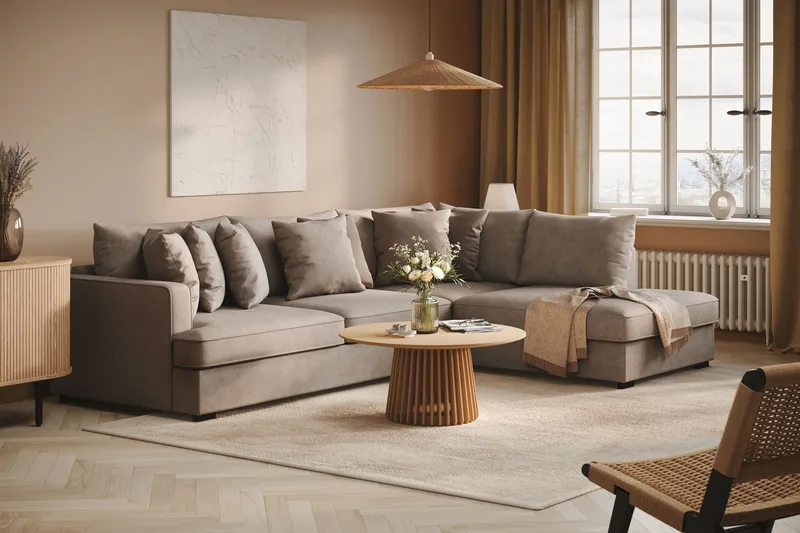 Rossita 4-seters Høyrevendt L-formet Dyp Sjeselongsofa i Stoff - Brun - Møbler - Sofaer - Sofaer med sjeselong - 4 seters sofa med divan