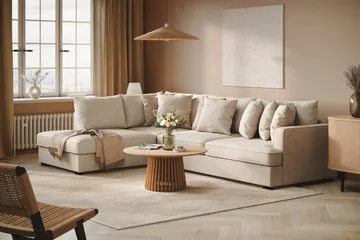 Rossita 4-seters venstrevendt, L-formet dyp sjeselongsofa i stoff - Beige - Møbler - Sofaer - Sofaer med sjeselong - 4 seters sofa med divan