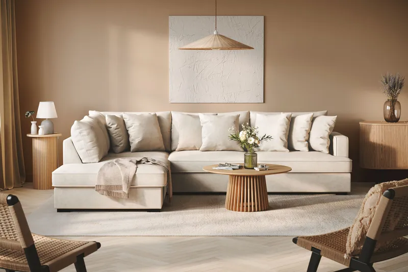 Rossita 4-seters Venstrevendt L-formet Dyp Sjeselongsofa i Stoff - Beige - Møbler - Sofaer - Sofaer med sjeselong - 4 seters sofa med divan