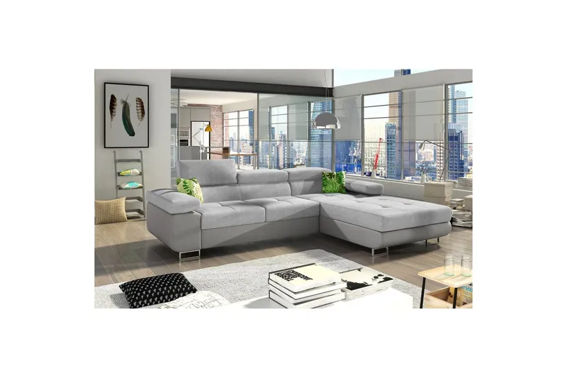 Seksjon Eltap Armando 289x85x203 cm - Soro 83, Soft 29, Hvit, Grå, Puter: Jungle 32, Grønn, Høyre - Møbler - Sofaer - Sofaer med sjeselong - 3 seters sofa med divan