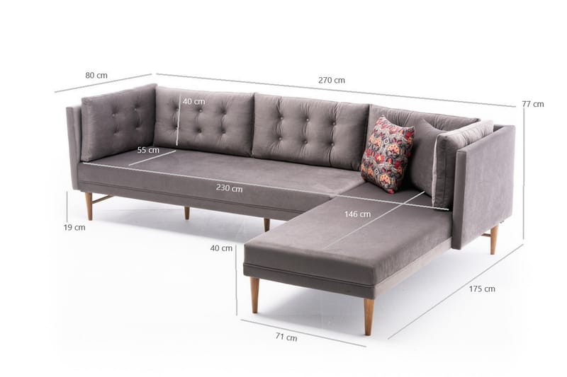 Sofa m. Divan Cote 4-seters - Grå - 4 seters sofa med divan - Sofaer med sjeselong