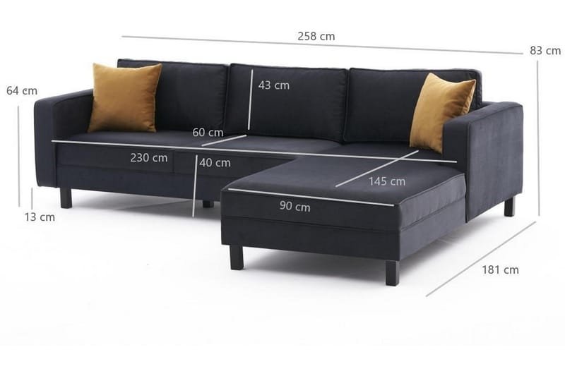 Sofa m. Divan Vivianna 4-seters - Mørkegrå - 4 seters sofa med divan - Sofaer med sjeselong