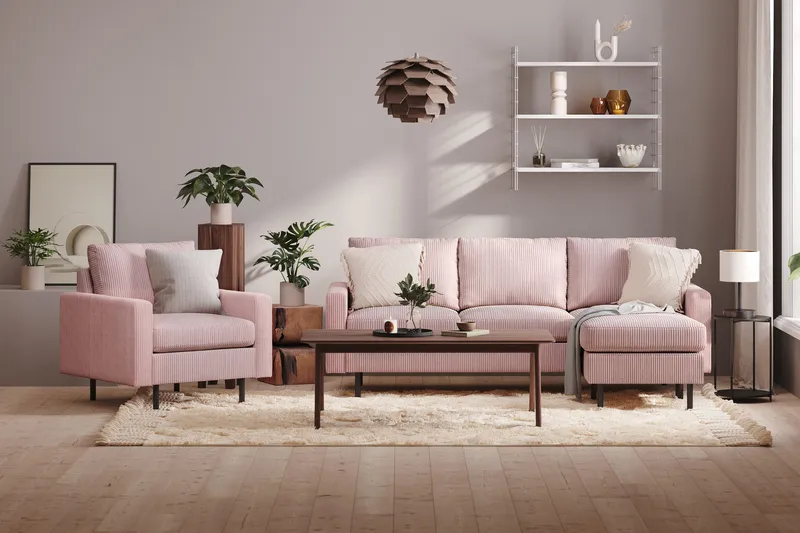 Peppe 3-seters Vendbar L-formet Divansofa i Manchester - Rosa - Møbler - Sofaer - Sofaer med sjeselong - 3 seters sofa med divan