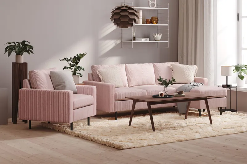 Peppe 3-seters Vendbar L-formet Divansofa i Manchester - Rosa - Møbler - Sofaer - Sofaer med sjeselong - 3 seters sofa med divan