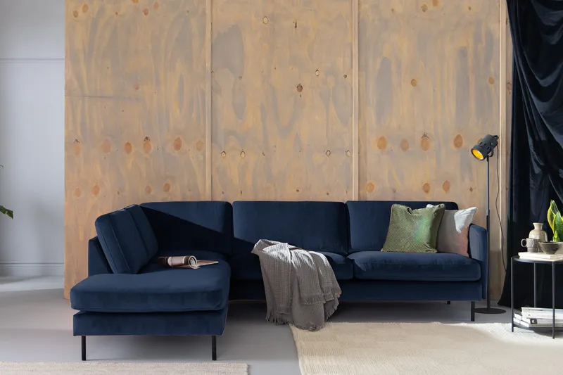 Teodin 2,5-seters Fløyelssofa med Sjeselong Venstre - Blå - Møbler - Sofaer - Sofaer med sjeselong - 2 seters sofa med divan