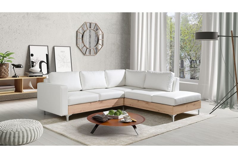 Truro Høyrevendt L-formet Sofa med Sjeselong i Kunstlær med Trebunn - Hvit - Møbler - Sofaer - Sofaer med sjeselong - 4 seters sofa med divan