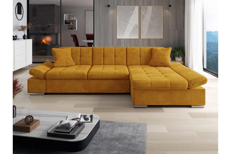 Vananda Sofa med Sjeselong 3-seter i Fløyel - Gul - Møbler - Sofaer - Sofaer med sjeselong - 3 seters sofa med divan