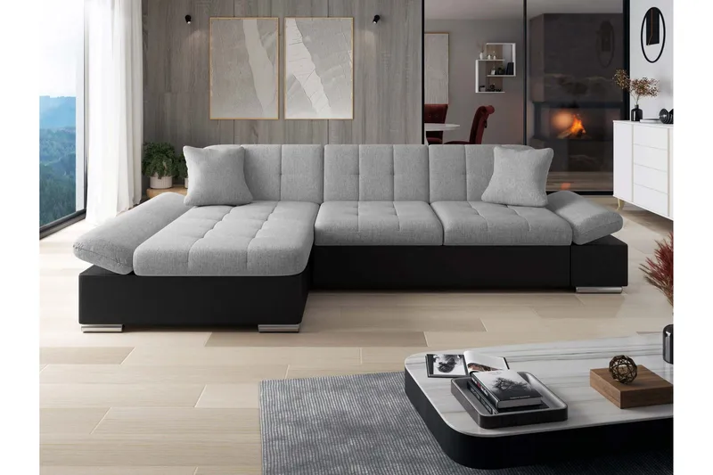 Vananda Sofa med Sjeselong 3-seter i Kunstlær - Svart / Grå - Møbler - Sofaer - Sofaer med sjeselong - 3 seters sofa med divan