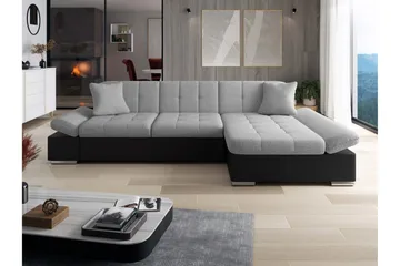 Vananda Sofa med Sjeselong 3-seter i Kunstlær - Svart / Grå - Møbler - Sofaer - Sofaer med sjeselong - 3 seters sofa med divan