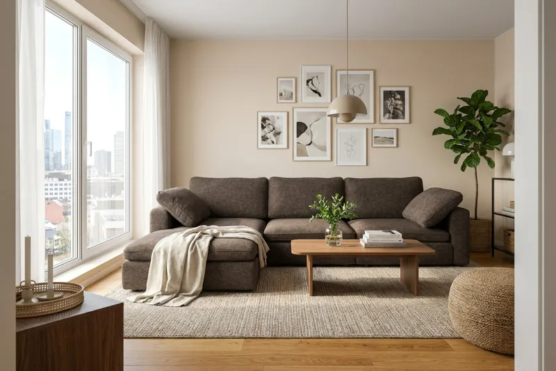 Visby 4-seters L-formet dyp vendbar sofa med sjeselong i stoff - Mørkebrun - Møbler - Sofaer - Sofaer med sjeselong - 4 seters sofa med divan