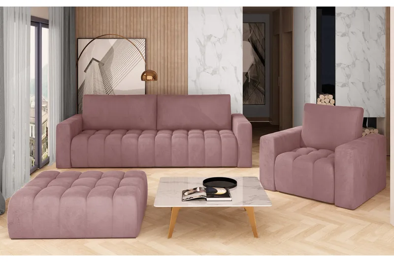 Alazaro Sofagruppe 3-seter + Lenestol + Puff, Lyserosa