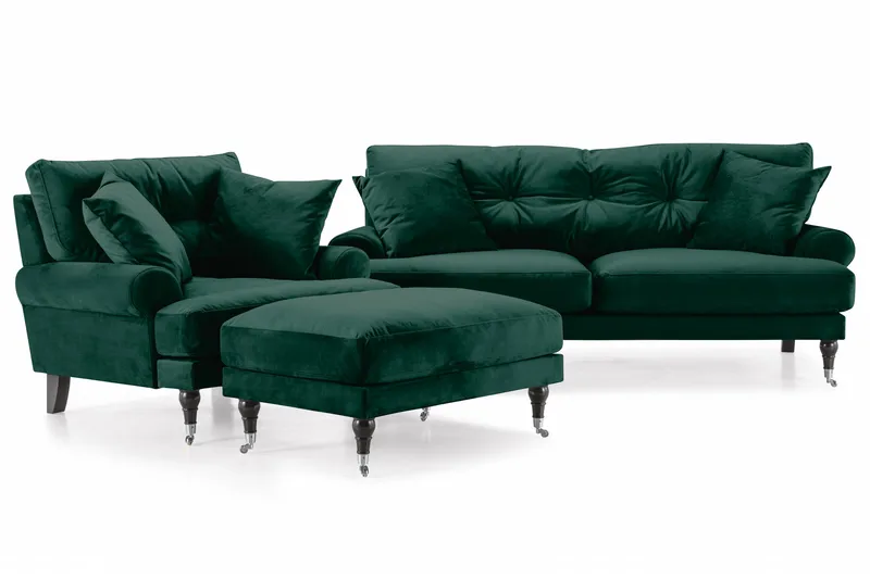 Andrew Sofagruppe 2-seter Sofa + Lenestol + Fotskammel i Fløyel, Grønn