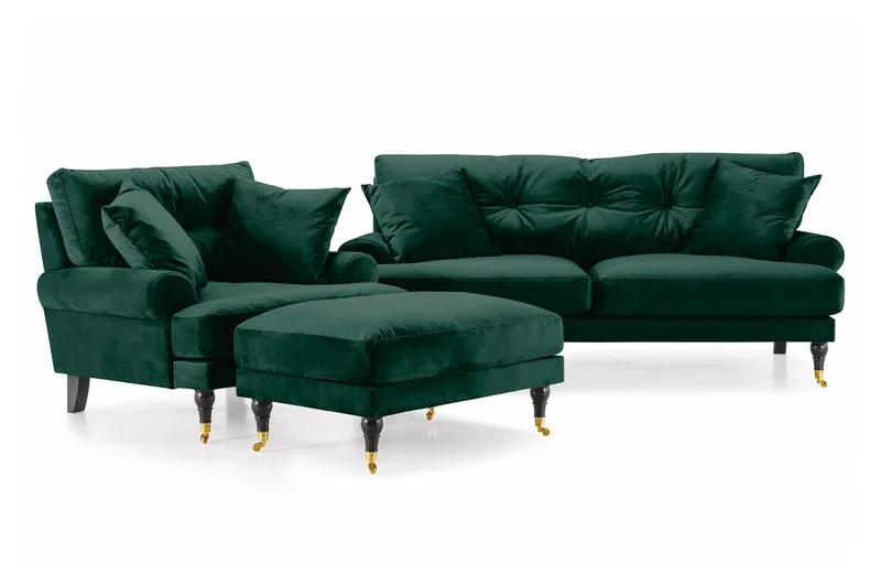 Andrew Sofagruppe 2-seter Sofa + Lenestol + Fotskammel i Fløyel, Grønn