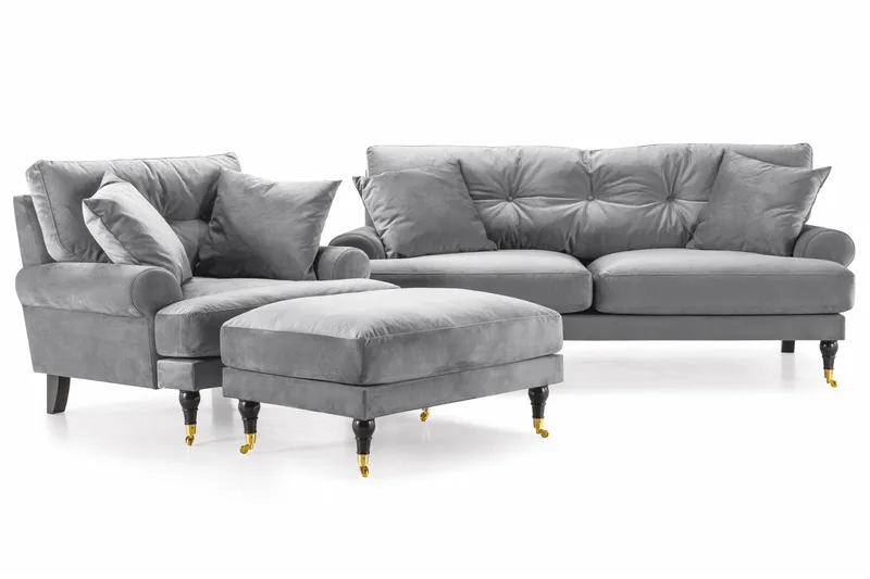Andrew Sofagruppe 2-seter Sofa + Lenestol + Fotskammel i Fløyel, Lys grå