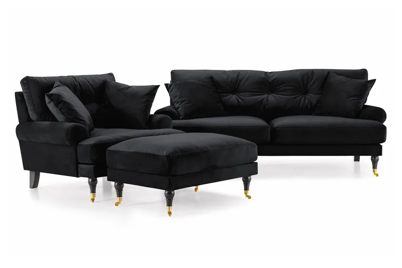 Andrew Sofagruppe 2-seter Sofa + Lenestol + Fotskammel i Fløyel, Svart