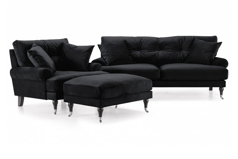 Andrew Sofagruppe 2-seter Sofa + Lenestol + Fotskammel i Fløyel, Svart