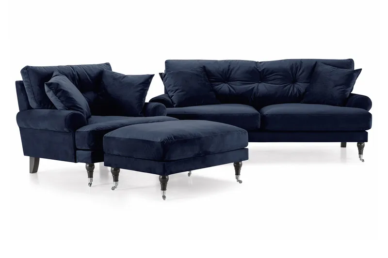 Andrew Sofagruppe 2-seter Sofa + Lenestol + Fotskammel i Fløyel, Blå