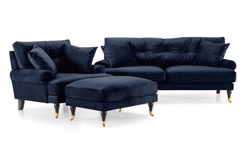 Andrew Sofagruppe 2-seter Sofa + Lenestol + Fotskammel i Fløyel, Blå