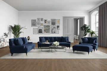 Andrew Sofagruppe 2-seter Sofa + Lenestol + Fotskammel i Fløyel - Blå - Møbler - Sofaer - Sofagrupper - Howard sofagruppe