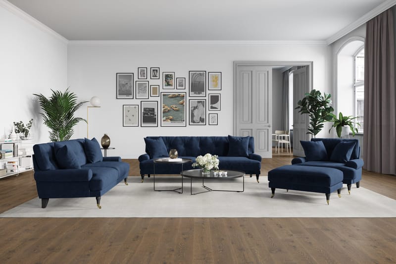 Andrew Sofagruppe 2-seter Sofa + Lenestol + Fotskammel i Fløyel - Blå - Møbler - Sofaer - Sofagrupper - Howard sofagruppe