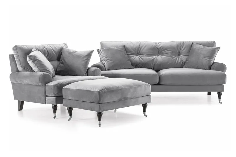 Andrew Sofagruppe 2-seter Sofa + Lenestol + Fotskammel i Fløyel, Lys grå