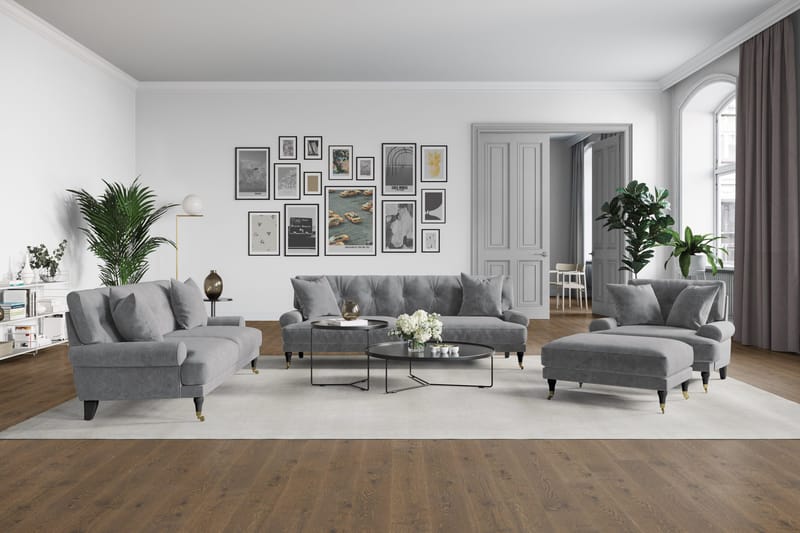 Andrew Sofagruppe 2-seter Sofa + Lenestol + Fotskammel i Fløyel - Lys grå - Møbler - Sofaer - Sofagrupper - Howard sofagruppe