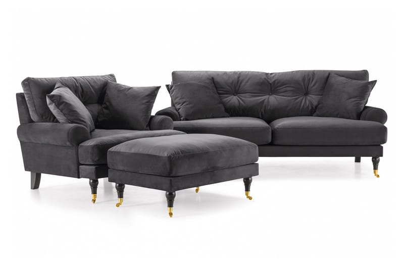 Andrew Sofagruppe 2-seter Sofa + Lenestol + Fotskammel i Fløyel, Mørk grå
