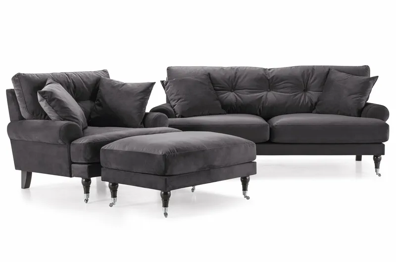Andrew Sofagruppe 2-seter Sofa + Lenestol + Fotskammel i Fløyel, Mørk grå