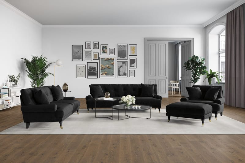 Andrew Sofagruppe 2-seter Sofa + Lenestol + Fotskammel i Fløyel - Svart - Møbler - Sofaer - Sofagrupper - Howard sofagruppe