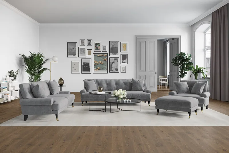 Andrew Sofagruppe 3-seter + 2-seter Sofa + Lenestol + Fotskammel i Fløyel - Lys grå - Møbler - Sofaer - Sofagrupper - Howard sofagruppe