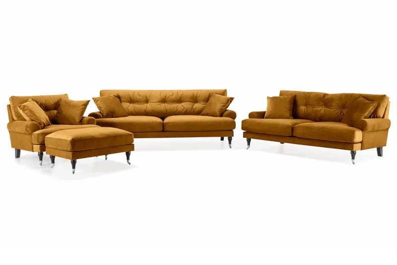 Andrew Sofagruppe 3-seter + 2-seter Sofa + Lenestol + Fotskammel i Fløyel, Mørk gul