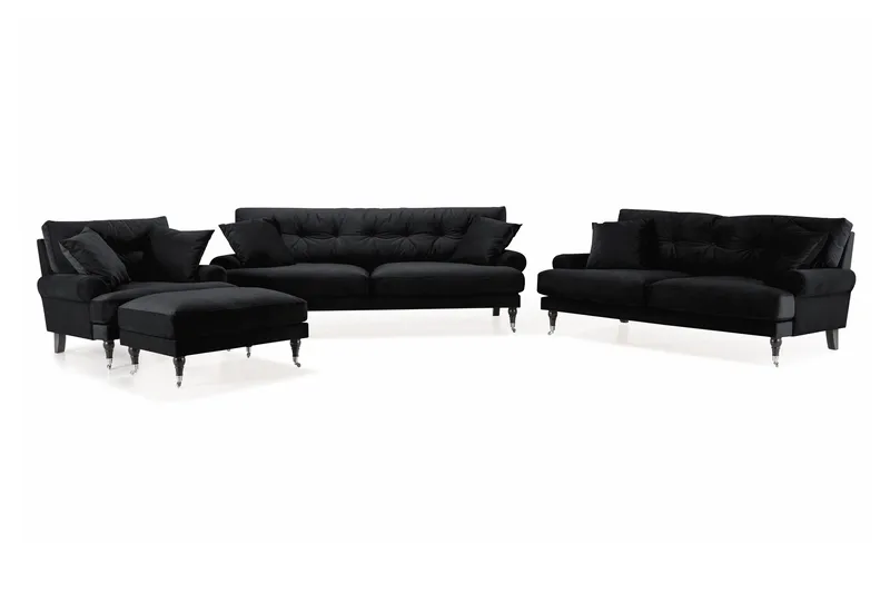 Andrew Sofagruppe 3-seter + 2-seter Sofa + Lenestol + Fotskammel i Fløyel, Svart