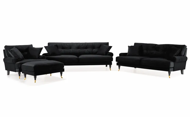 Andrew Sofagruppe 3-seter + 2-seter Sofa + Lenestol + Fotskammel i Fløyel, Svart
