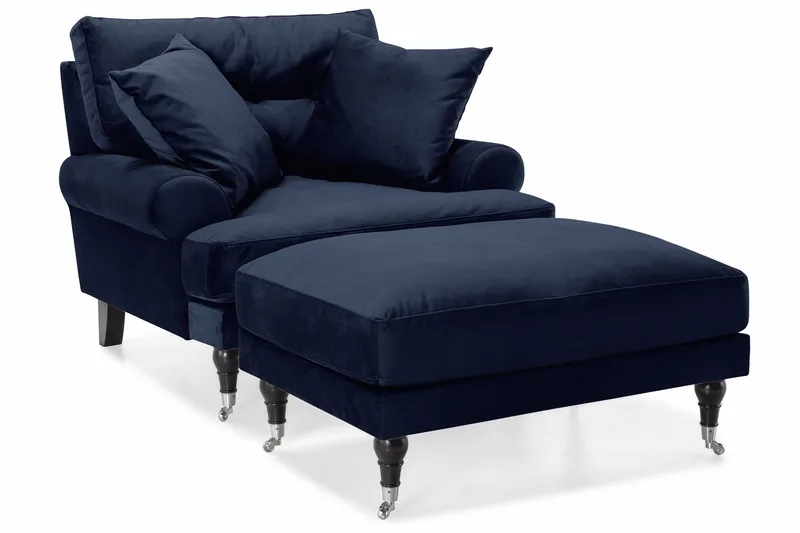 Andrew Sofagruppe 3-seter + 2-seter Sofa + Lenestol + Fotskammel i Fløyel - Blå - Møbler - Sofaer - Sofagrupper - Howard sofagruppe