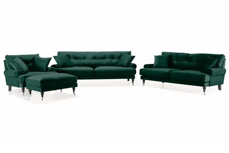 Andrew Sofagruppe 3-seter + 2-seter Sofa + Lenestol + Fotskammel i Fløyel, Grønn